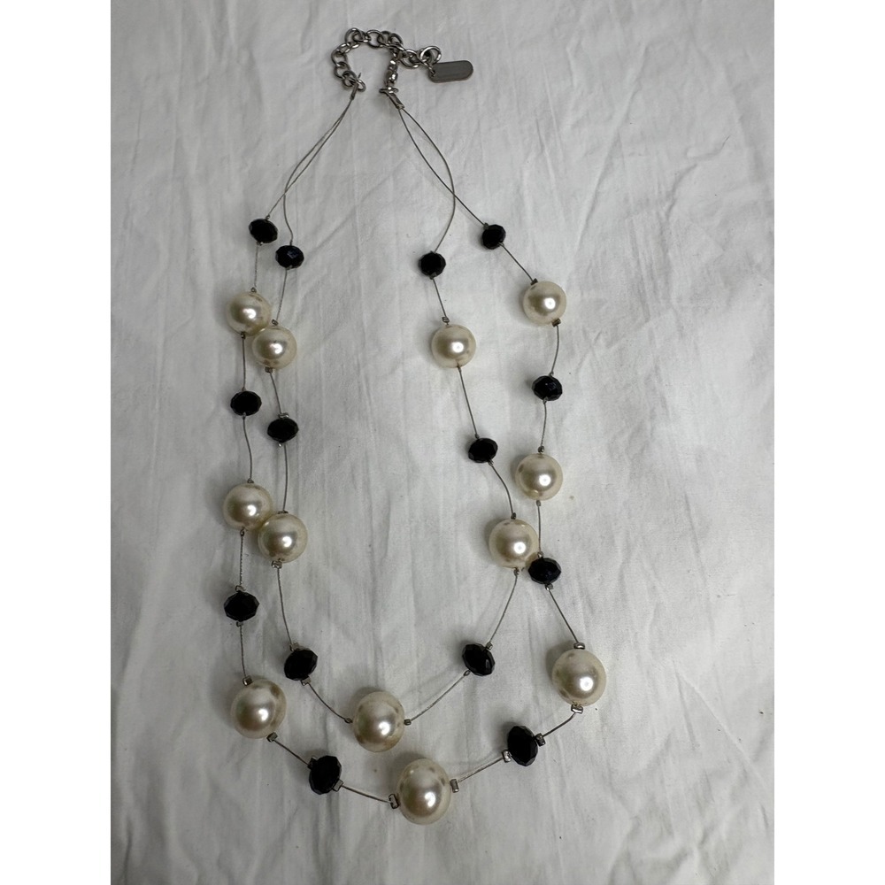 Kissaka Layered Faux Pearl Black Bead Statement Necklace Silver Tone Chain